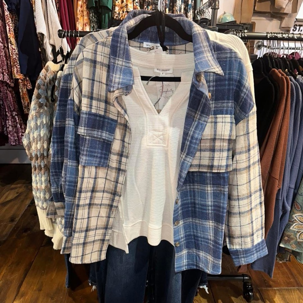 Plaid Shacket Jacket - Blue & Cream